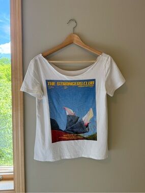 White Graphic Tee with Blue & Yellow Poster Print